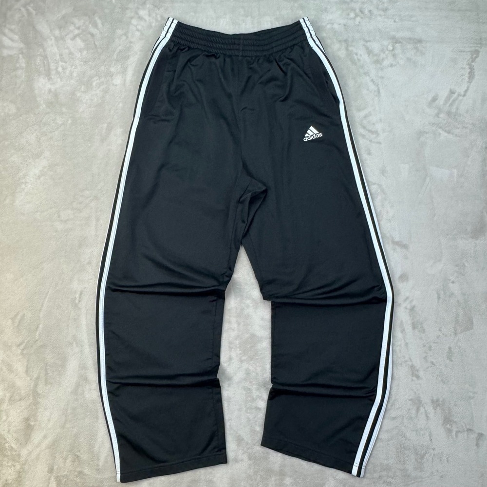 VINTAGE Y2K Adidas Men's Wide Leg 3 Stripe Track Pants Black Baggy Size Medium